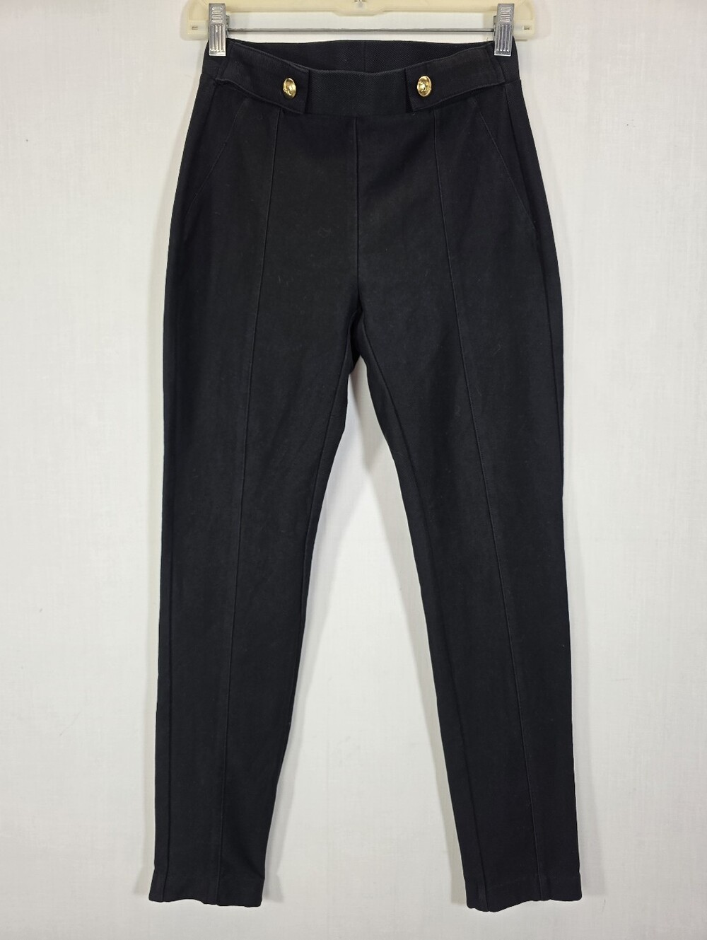 MICHAEL Michael Kors Black Gold MK Logo Button Pintuck Ankle Pants S